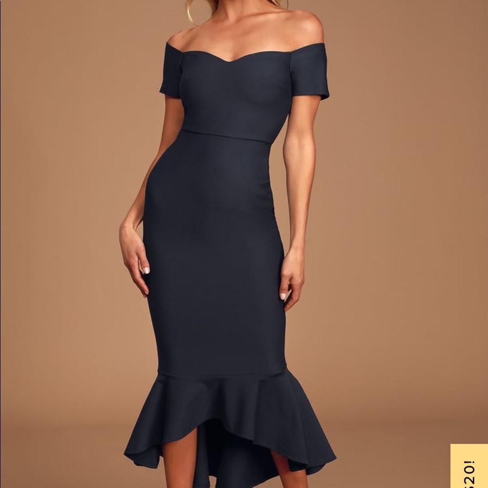 Lulus Navy Off the Shoulder Fitted Midi Dress Size M